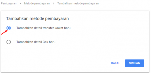 tampilan tambahkan metode pembayaran melalui transfer bank