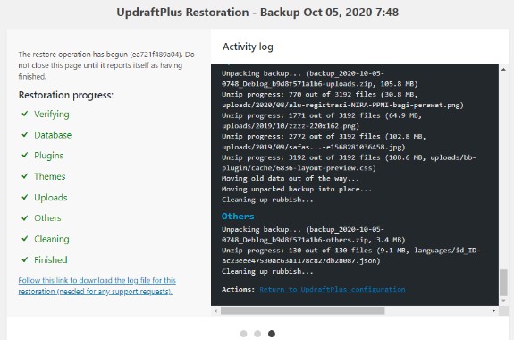 Restoration Dari Plugin UpdraftPlus Yang Sudah Selesai