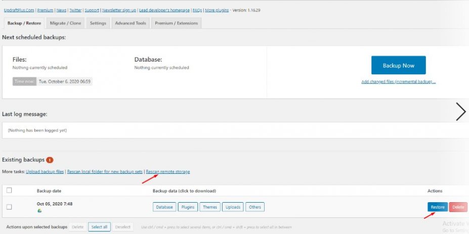Tampilan Menu Restore Pada Plugin UpdraftPlus